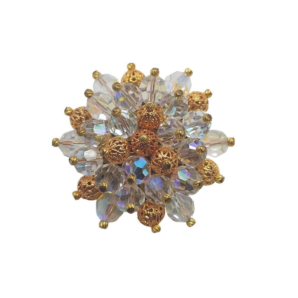 Vintage Gold Tone Filigree Bead AB Glass Crystal Bead Floral Brooch Pin